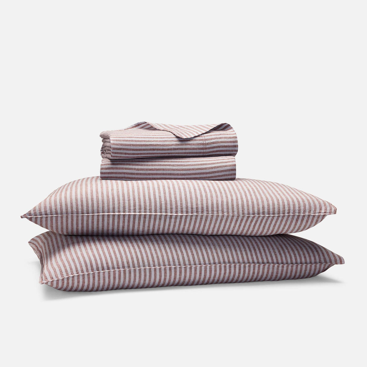 Washed European Linen Core Sheet Set - Oxford Stripe in Mahogany / Full