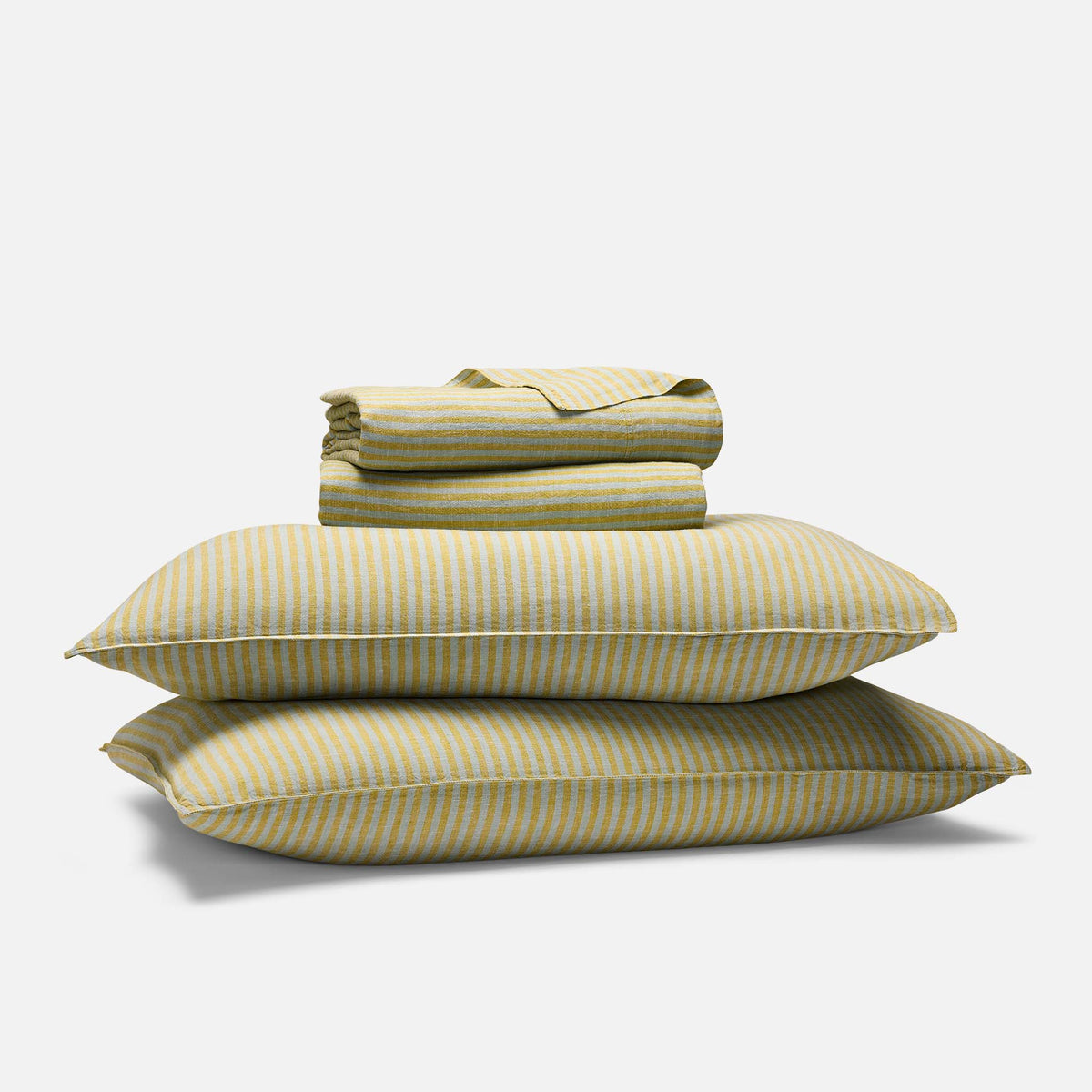 Washed European Linen Core Sheet Set - Oxford Stripe in Avocado / Full