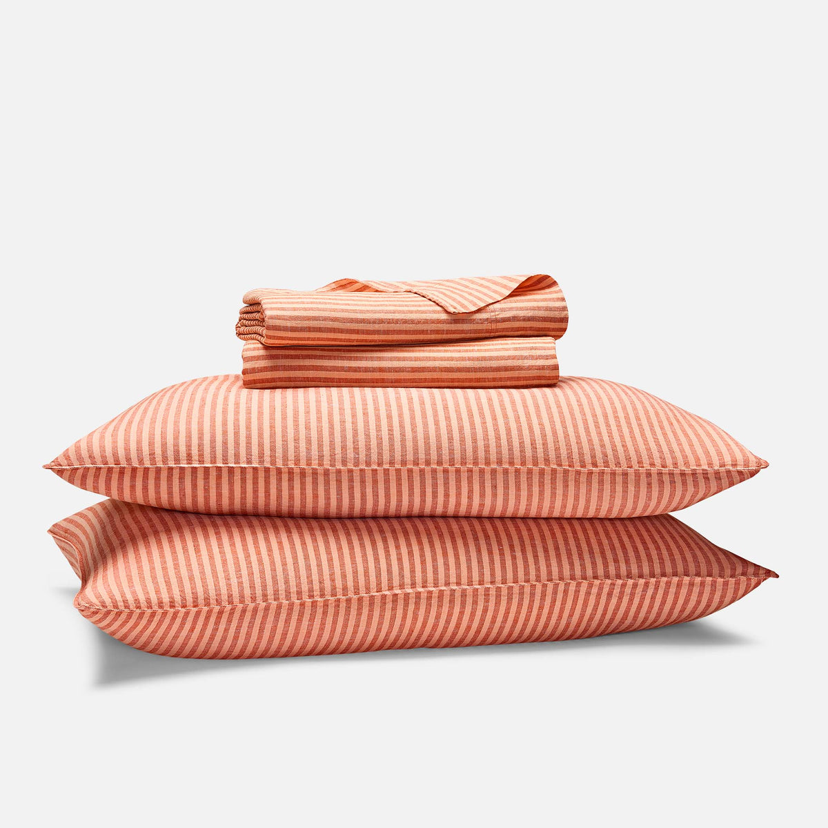 Washed European Linen Core Sheet Set - Oxford Stripe in Tiger Lily / Cali King