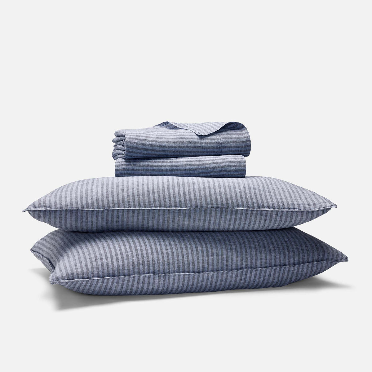 Washed European Linen Core Sheet Set - Oxford Stripe in Abyss / Queen
