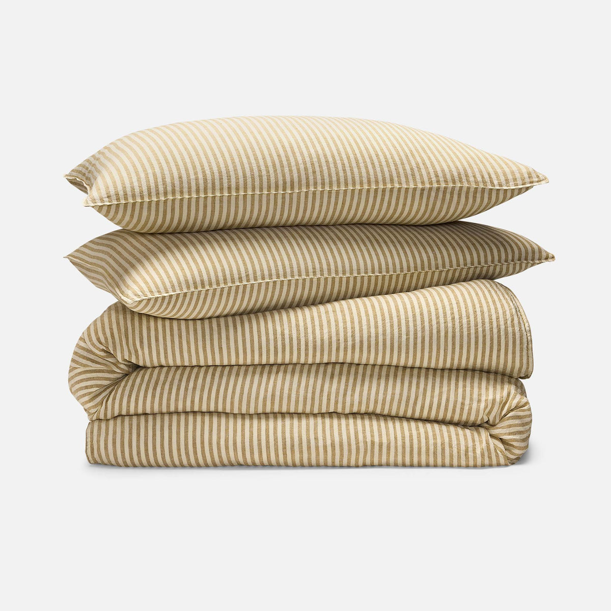 Washed European Linen Duvet Set - Oxford Stripe in Dried Grass / Full/Queen