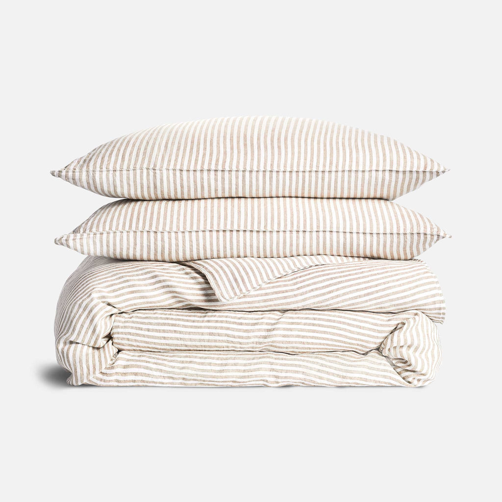 Washed European Linen Duvet Set - Oxford Stripe in Oat Chambray / Full/Queen