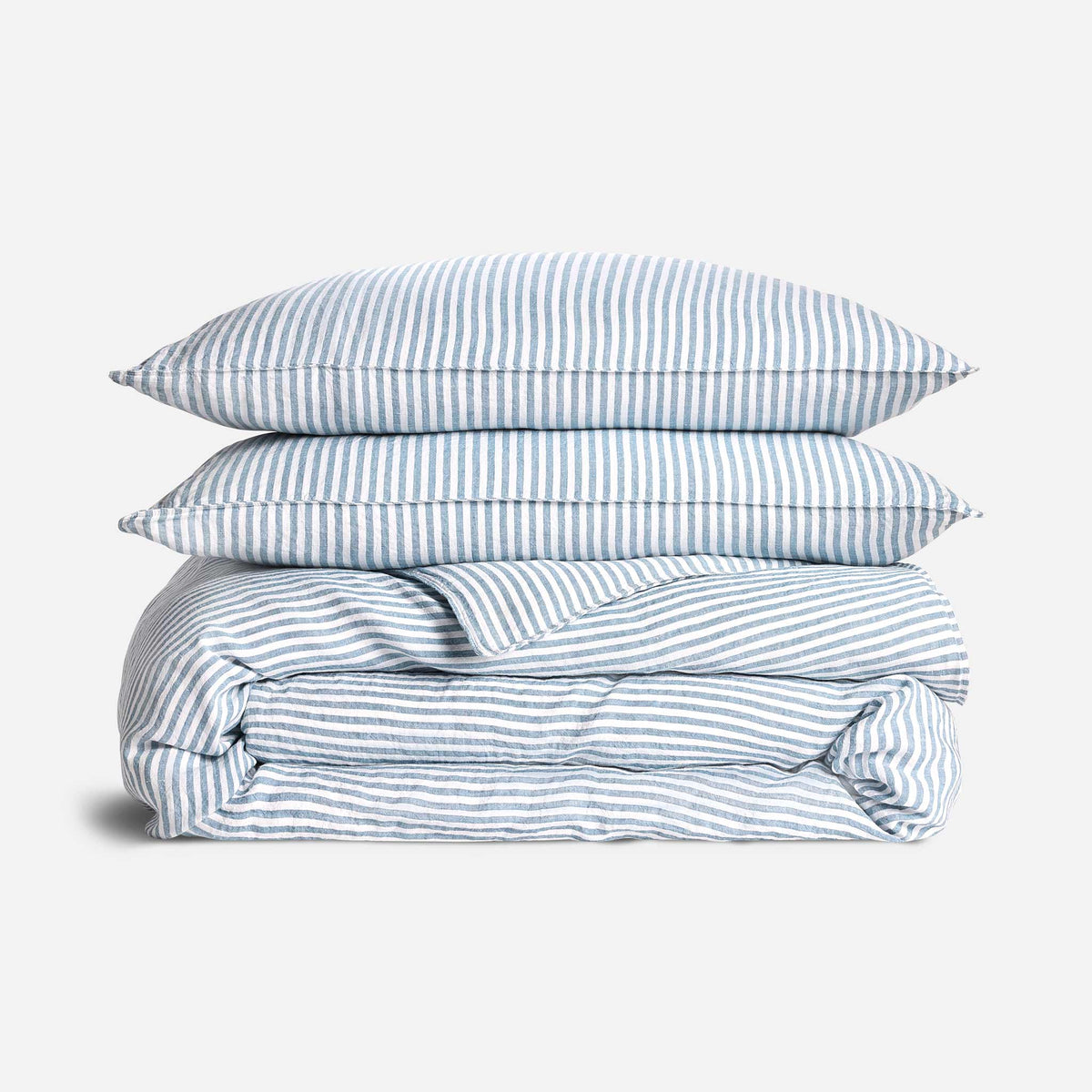 Washed European Linen Duvet Set - Oxford Stripe in Storm Chambray / Full/Queen