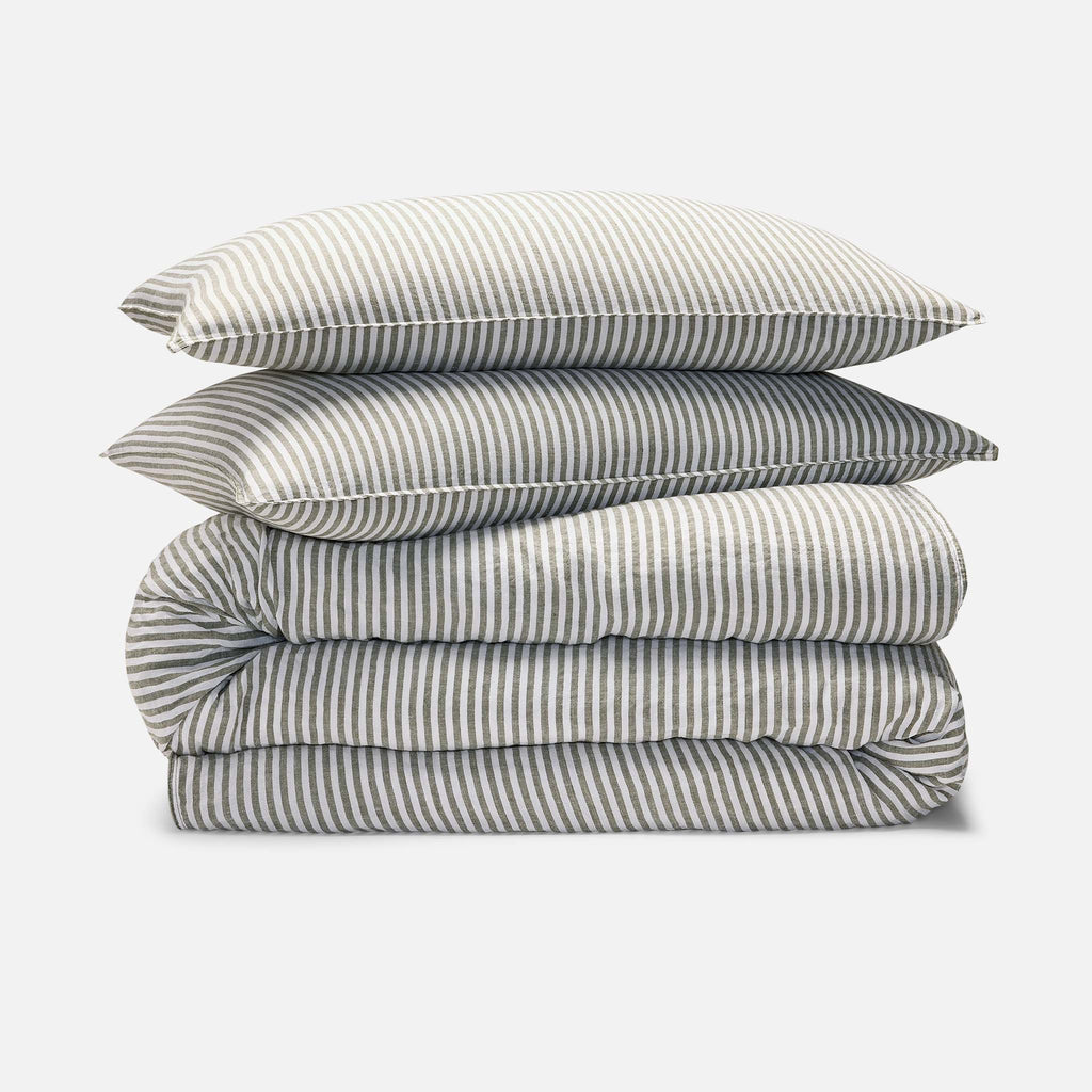 Washed European Linen Duvet Set - Oxford Stripe in Fresh Moss Chambray / Full/Queen