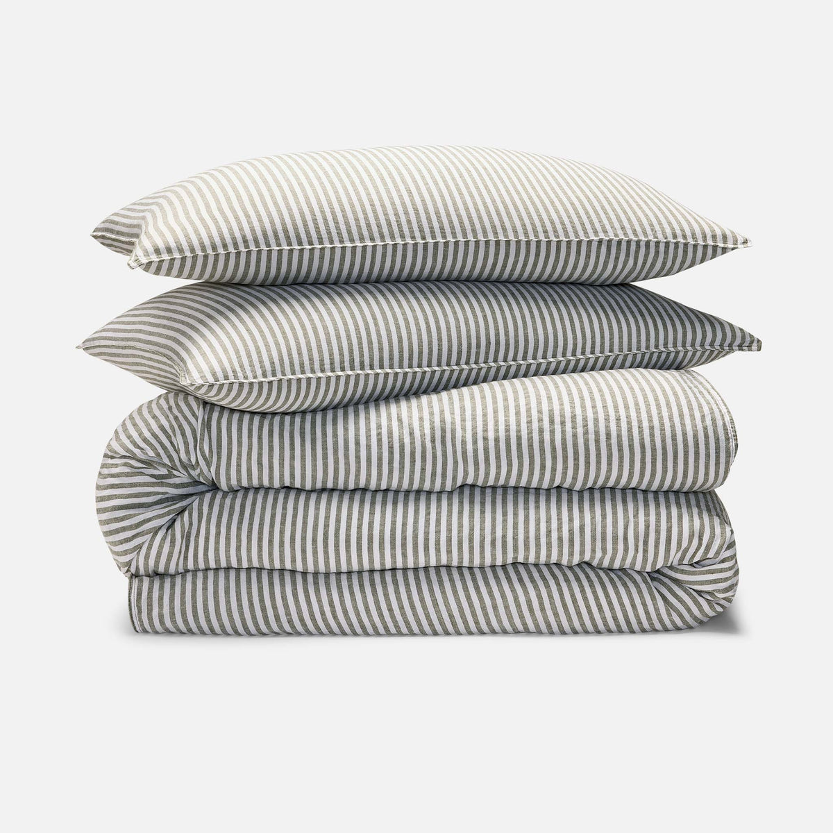 Washed European Linen Duvet Set - Oxford Stripe in Fresh Moss Chambray / Full/Queen