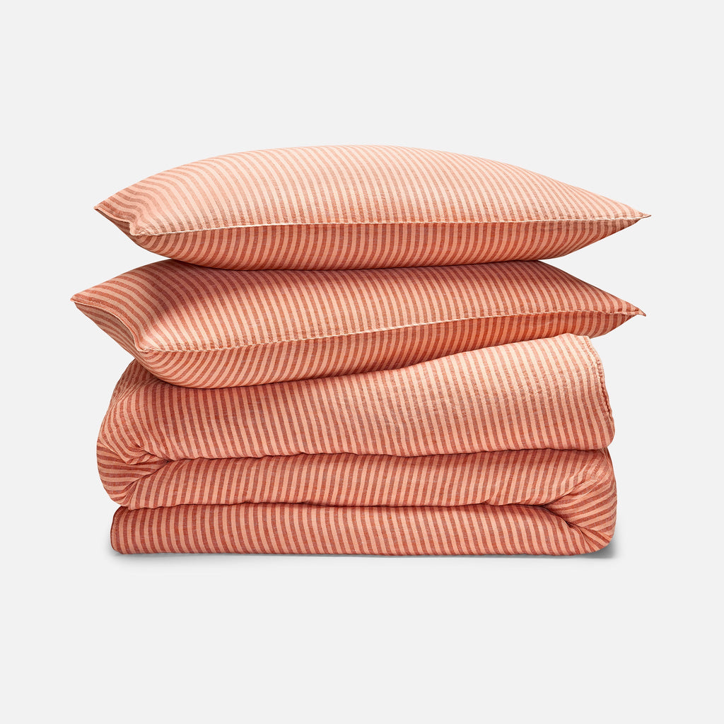 Washed European Linen Duvet Set - Oxford Stripe in Tiger Lily / Full/Queen