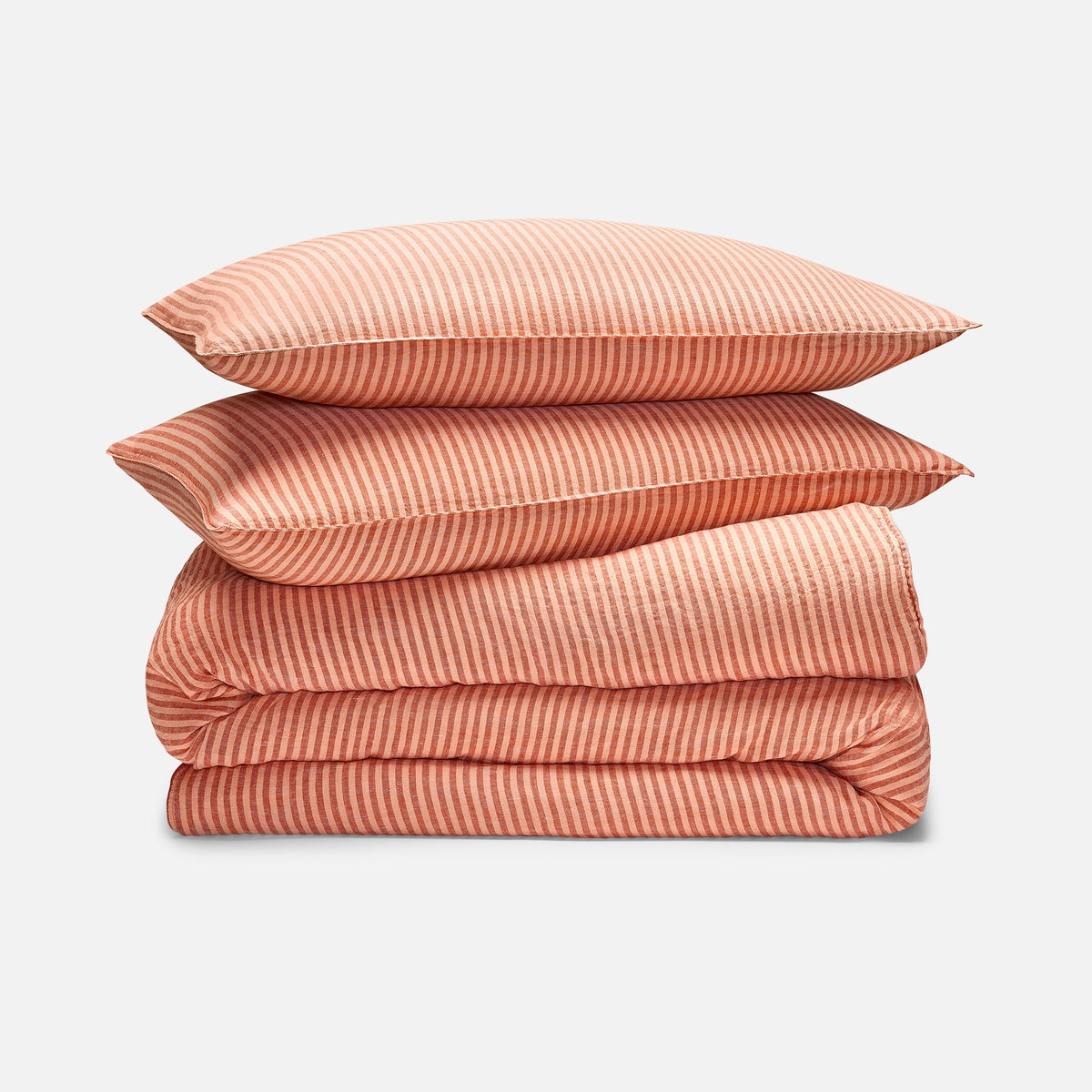 Washed European Linen Duvet Set - Oxford Stripe in Tiger Lily / Full/Queen