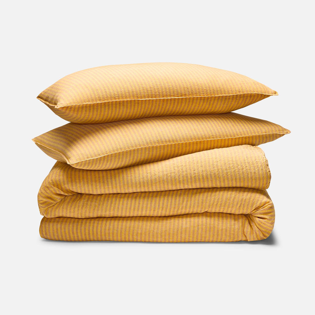 Washed European Linen Duvet Set - Oxford Stripe in Miso / Full/Queen