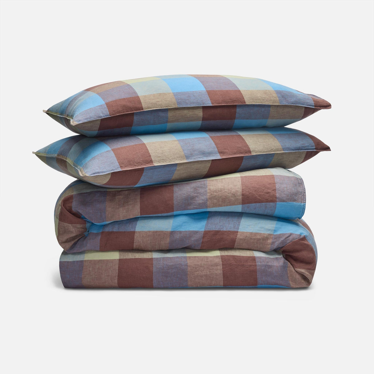 Washed European Linen Duvet Set - Sunset Check in Vista / Full/Queen