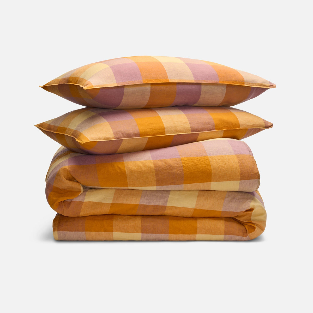 Washed European Linen Duvet Set - Sunset Check in Sunflower / Full/Queen